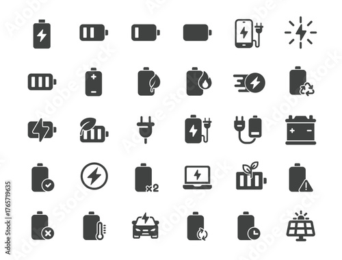 Set of Battery Charging Icons. Solid icon series