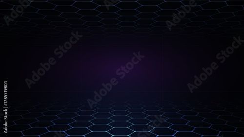 Dark futuristic hexagon grid background with glowing gradient light, ideal for technology and digital concepts