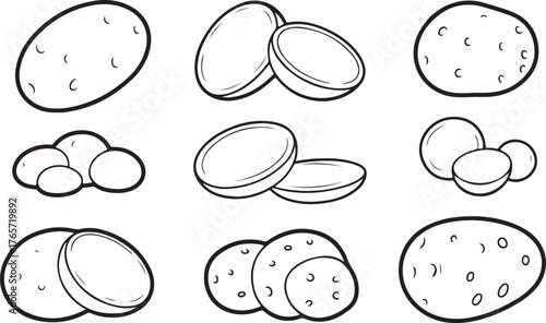 Set of Potato Icons - Whole, Sliced, and Half Vegetable Outline Vector