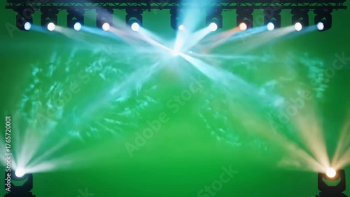 Versatile Event Atmosphere with dj stage lights on green screen background light beams spotlights chroma key 4k video effect copy space distortion, overlay, glitch, static noise, scan lines black