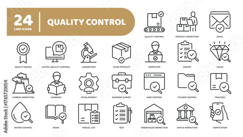 Set of collection line icons related quality control. Editable stroke. Perfect pixel on transparent background