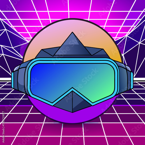 A virtual reality headset with neon effect and retro background