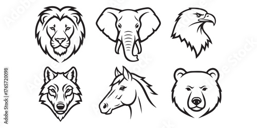 Heads of various animals isolated on white background