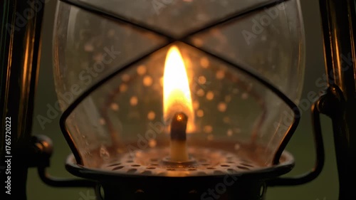 Close Up View of Glowing Flame Inside of an Old Style Lantern