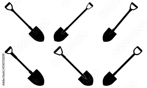 Six black shovels arranged in a dynamic pattern, perfect for construction, gardening, or landscaping projects, ready to dig in!