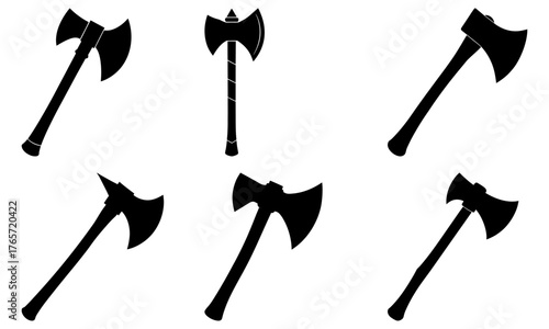 Collection of six distinct axe silhouettes, perfect for woodworking, historical projects, or graphic design needs.