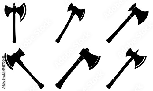 Set of six stylized axes in various positions, perfect for historical, gaming, or fantasy themed projects requiring bold design