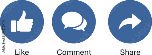 Social media interaction icons, like, comment, share buttons, blue circular design, digital engagement, vector set, user interface, isolated