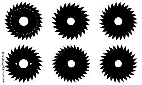 Set of six stylized saw blades perfect for construction, woodworking, and industrial design projects, offering dynamic visual appeal