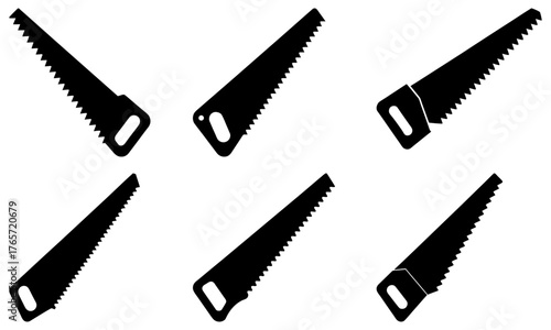 Set of professional hand saws in various angles, essential tools for carpentry, woodworking, and construction projects, ready to cut.