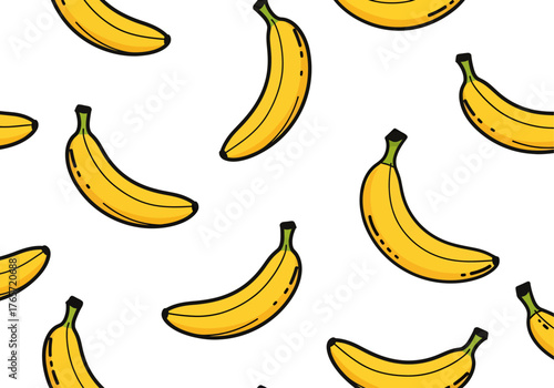 A playful and seamless pattern of bright yellow, hand-drawn vector bananas with thick black outlines scattered cheerfully on a clean white backdrop