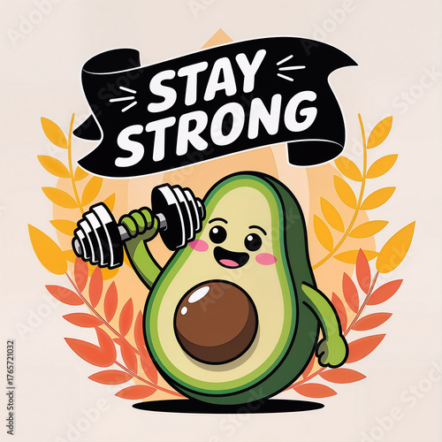 Cute Avocado Fitness Cartoon Illustration with Stay Strong Quote