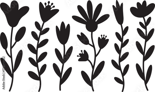 Set of Simple Folk Art Flower and Plant Silhouettes - Minimal Decorative Vector