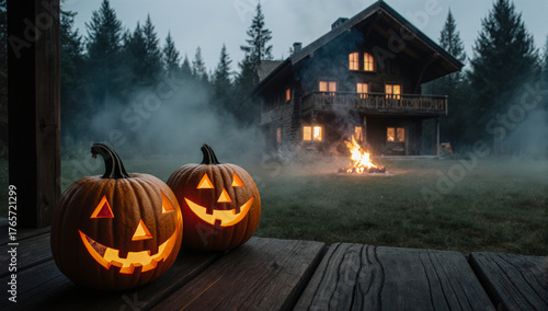 Wallpaper Mural Holiday lifestyle in a rustic forest setting. The carved pumpkins and light play make this a great photo for sales. Torontodigital.ca