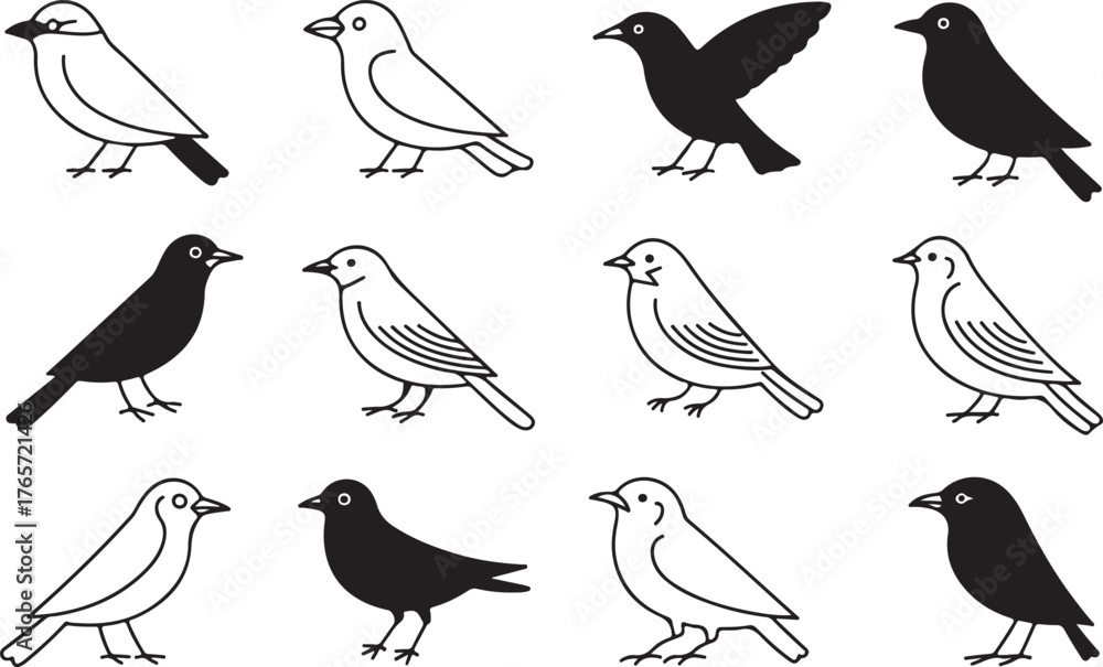 Fototapeta premium Set of Small Bird Icons - Outline and Silhouette Vector Collection