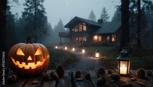 Wallpaper Mural A luminous path to a forest lodge. The high definition realism and enchanting Halloween theme are captivating. Torontodigital.ca