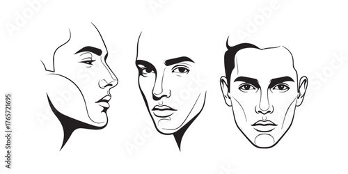 Three different angles of a mans face isolated on white background