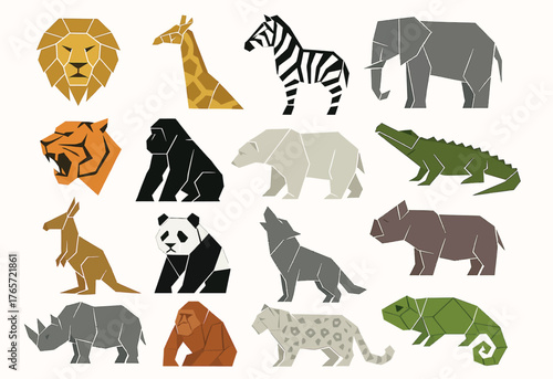 Origami Animal Icons Set with Lion, Giraffe, Zebra, Elephant, and More