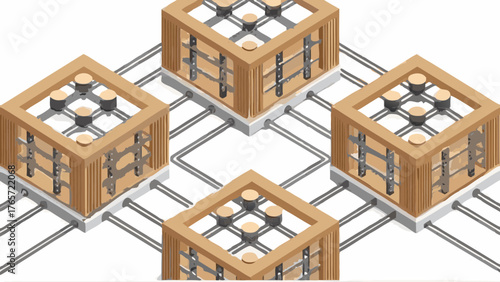 Isometric illustration of a digital network with interconnected server racks and data cables on a white background
