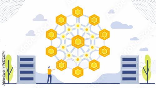 A person stands in front of a modern building looking at a large interconnected network of golden hexagons and circles representing data or technology