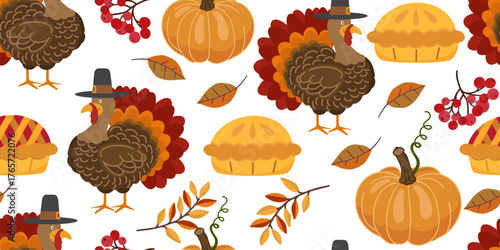 Festive seamless pattern with autumn leaves, pumpkins, turkey, rowan berries and pies on white background. Perfect for Thanksgiving wrapping paper, fabric, and seasonal design.