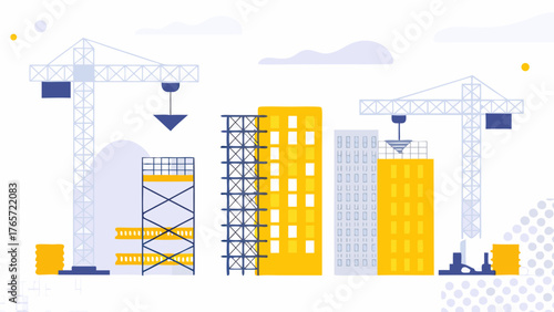 Modern city skyline under construction with cranes and buildings in progress flat design style