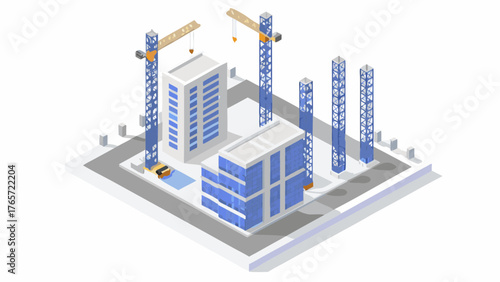 Isometric view of a construction site with cranes building modern skyscrapers and office buildings on a white background
