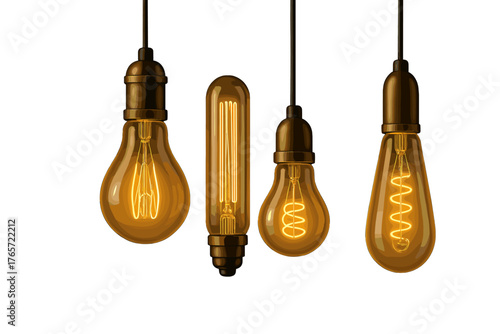 Four glowing vintage filament light bulbs hanging from black wires on white background