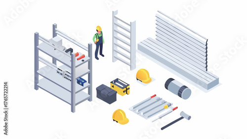 Isometric illustration of construction site with worker tools materials ladder and shelving unit on white background
