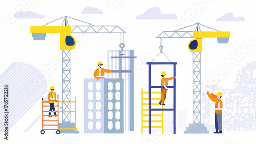 Construction workers in hard hats and safety vests operate cranes and build modern city skyscrapers on a bright day