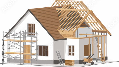 Illustration of a house under construction with scaffolding exposed roof trusses and building materials on a white background