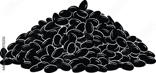 A large pile of black beans depicted in a striking silhouette style against a white background