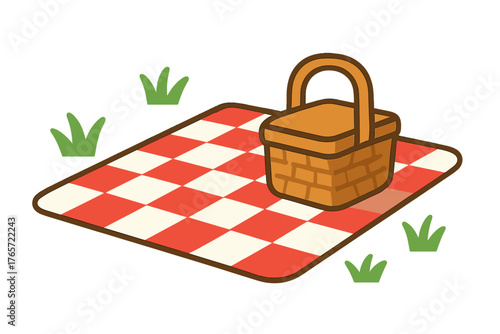 Woven picnic basket resting on a red and white checkered blanket outdoors