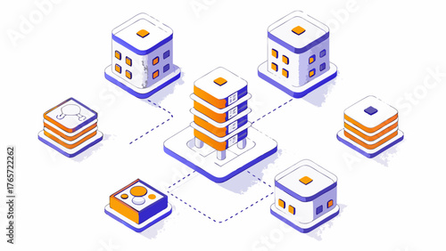 Isometric digital network of interconnected abstract servers and data storage units on a white background