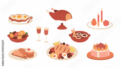 A festive collection of delicious food items including a roasted chicken eggs fruit cake soup and drinks for a celebration