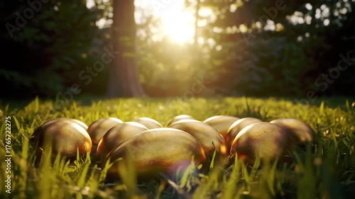 Golden eggs nestled in lush green grass with warm sunlight filtering through trees