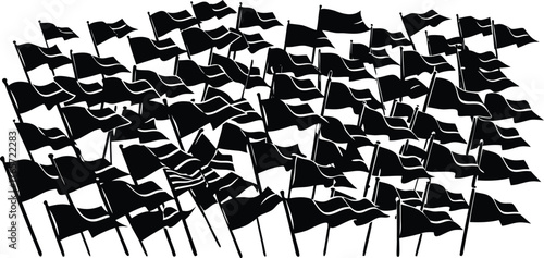 A dense field of black and white checkered flags waving in the wind creating a dynamic pattern silhouette