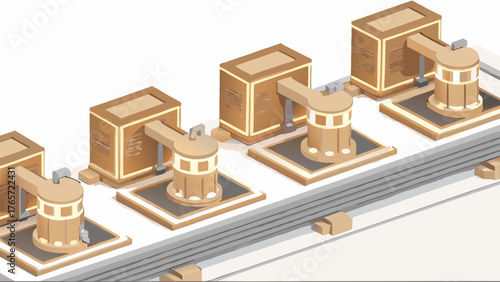 Isometric view of a futuristic automated manufacturing production line with glowing golden industrial machinery and components
