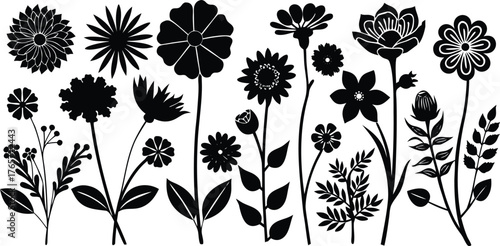 Collection of diverse botanical floral elements rendered in a striking black silhouette style on a white background