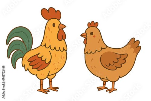 Cute cartoon rooster and hen standing together on a white background farm poultry pair