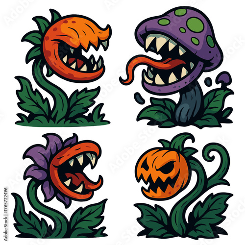 Monstrous fantasy flora and fungi characters with sharp teeth and menacing expressions