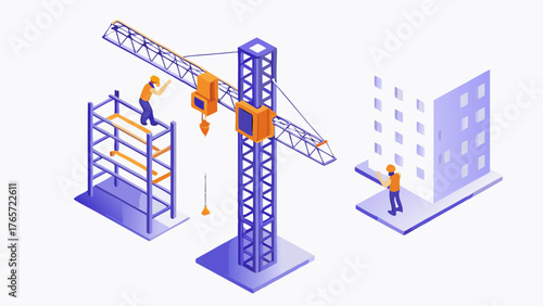 Isometric illustration of construction site with crane scaffolding and building workers in hard hats overseeing project development