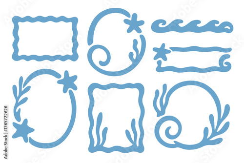 Collection of decorative marine frames and borders featuring starfish, waves, and seaweed elements