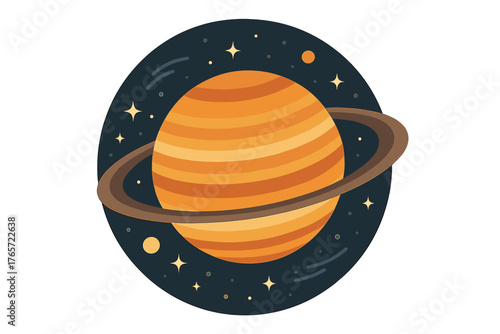 Stylized planet Saturn with prominent rings set against a dark starry cosmic background