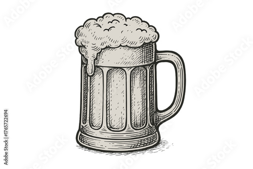 Vintage engraved style drawing of a full beer mug with thick overflowing foam head and handle