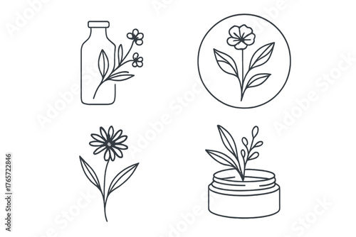 Minimalist set of natural organic cosmetic ingredients and herbal plants symbols