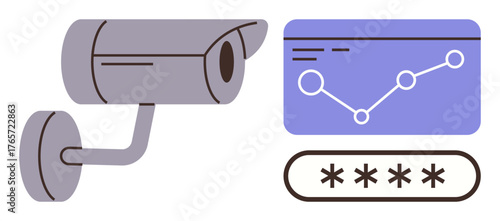 Surveillance camera, data graph with line chart, and password elements. Ideal for security, technology, monitoring, data analytics, cybersecurity privacy and system control themes. Simple flat