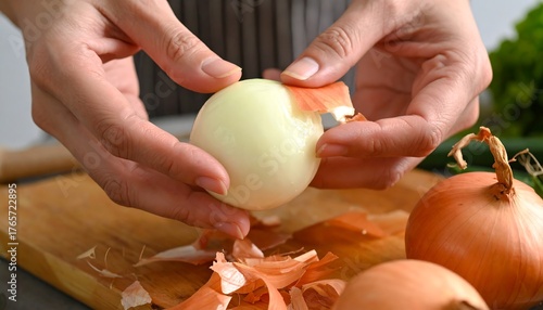 Hands peel an onion on a wooden cutting board with other onions and vegetables in the background