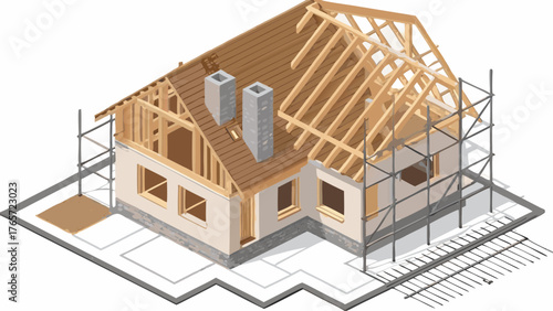 Isometric view of a house under construction with visible wooden roof framing scaffolding and foundation outlines on white background