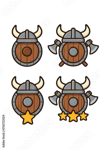 Viking shield and horned helmet with crossed axes and star ratings for gaming interface